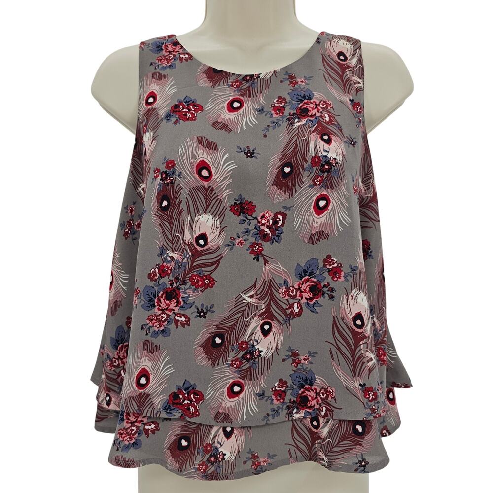 Loft Womans size S Petite Sleeveless Peacock Feather Swing Blouse Tank Gray/Pink